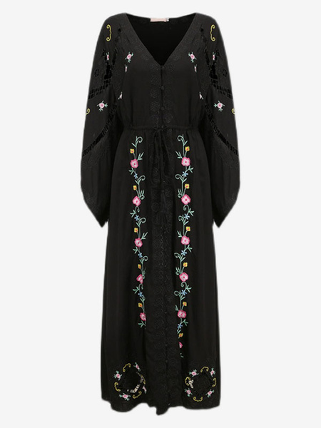 Boho Dress Long Sleeves Embroidered Bohemian Gypsy Beach Vacation V-Neck Black Spring Summer Long Dress For Women