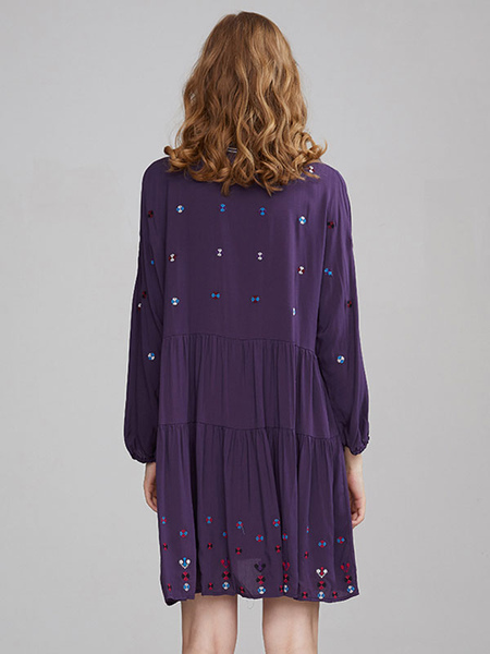 Boho Dress Purple V-Neck Long Sleeves Embroidered Bohemian Gypsy Beach Vacation Summer Midi Shift Dress For Women