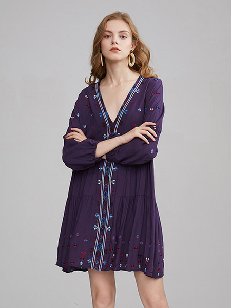 Boho Dress Purple V-Neck Long Sleeves Embroidered Bohemian Gypsy Beach Vacation Summer Midi Shift Dress For Women