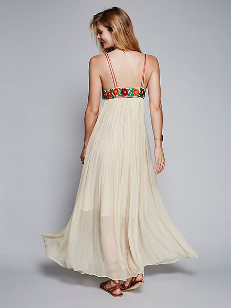 Boho Dress Straps Neck Sleeveless Embroidered Bohemian Gypsy Beach Vacation Ecru White Summer Long Slip Dress For Women
