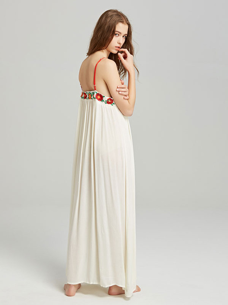 Boho Dress Straps Neck Sleeveless Embroidered Bohemian Gypsy Beach Vacation Ecru White Summer Long Slip Dress For Women