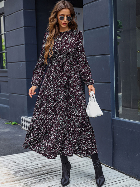 Floral Print Polyester Casual Jewel Neck Long Sleeves Midi Dress