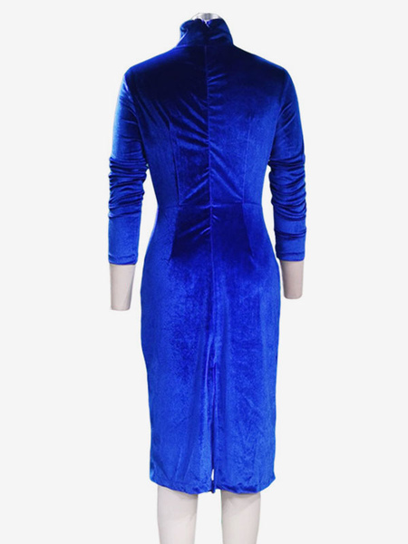 Women’s Clothing Velvet Dress Blue Long Sleeves Korean Velvet High Collar Dresses
