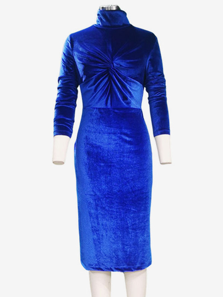 Women’s Clothing Velvet Dress Blue Long Sleeves Korean Velvet High Collar Dresses