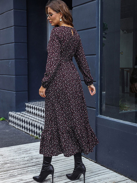 Floral Print Polyester Casual Jewel Neck Long Sleeves Midi Dress