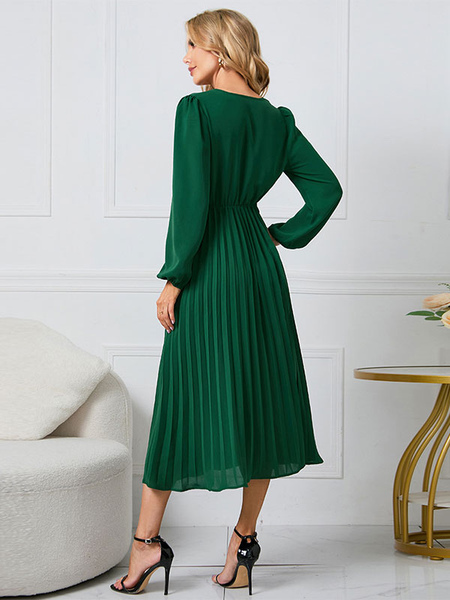 Skater Dresses Polyester V-Neck Green Sexy Long Sleeves Fit And Flare Dress