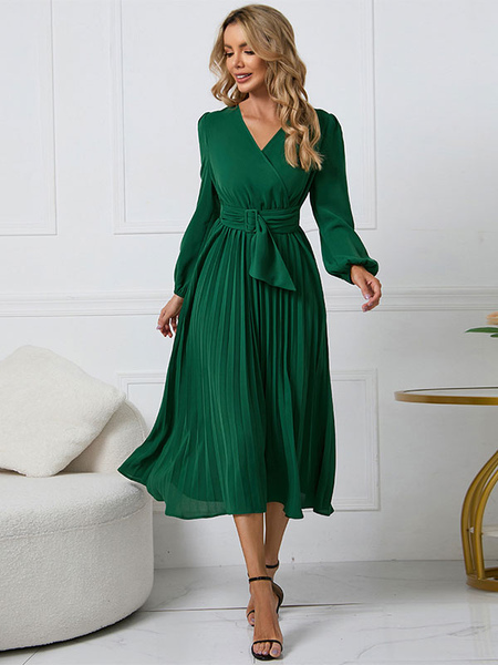 Skater Dresses Polyester V-Neck Green Sexy Long Sleeves Fit And Flare Dress