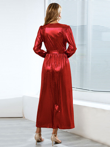 Maxi Dress V-Neck Long Sleeves Polyester Long Dress