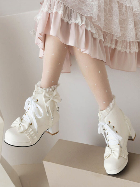 Image of Stivali Sweet Lolita Calzature Lolita in pelle PU con fiocchi bianchi con balze