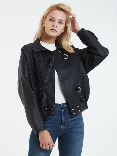 Women Jacket Turndown Collar Metal Details PU Leather Outerwear