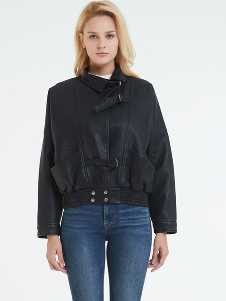 Women Jacket Turndown Collar Metal Details PU Leather Outerwear