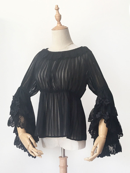 Image of Camicette gotiche Lolita Infanta Camicia Lolita nera a maniche lunghe con lacci e fiocchi
