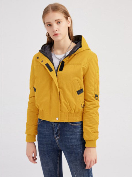WinterÂ Coats Yellow Short Hooded Zipper Long Sleeves Casual Winter Coat Outerwear