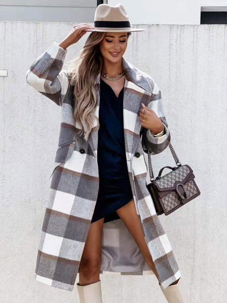 Image of Capispalla per donna grigio chiaro colletto turndown maniche lunghe plaid cappotto invernale casual