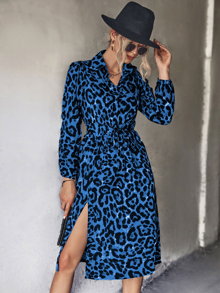 Leopard Print Polyester Turndown Collar Long Sleeves Midi Dress