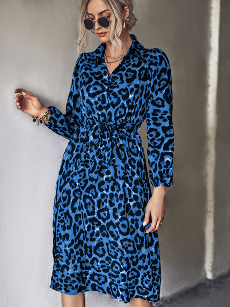 Leopard Print Polyester Turndown Collar Long Sleeves Midi Dress