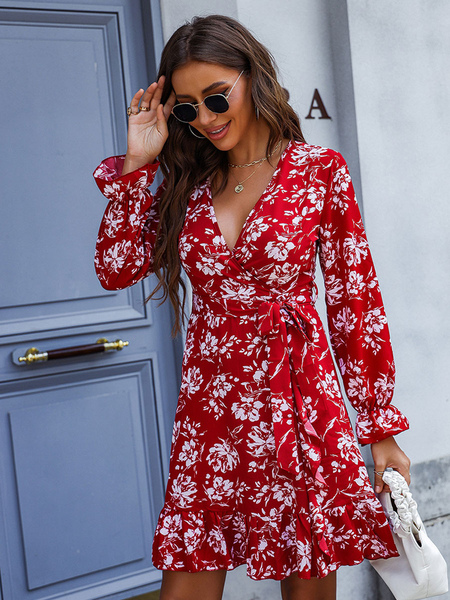 Skater Dresses V-Neck Long Sleeves Printed Sexy Fit And Flare Dress