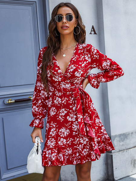 Skater Dresses V-Neck Long Sleeves Printed Sexy Fit And Flare Dress