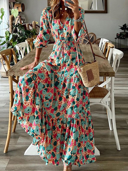 V-Neck Maxi Dress Long Sleeves Polyester Casual Printed Long Dress