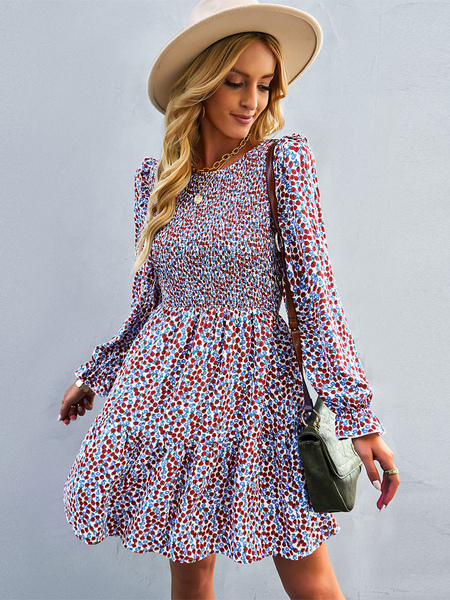 Skater Dresses Jewel Neck Long Sleeves Printed Casual Flared Dress