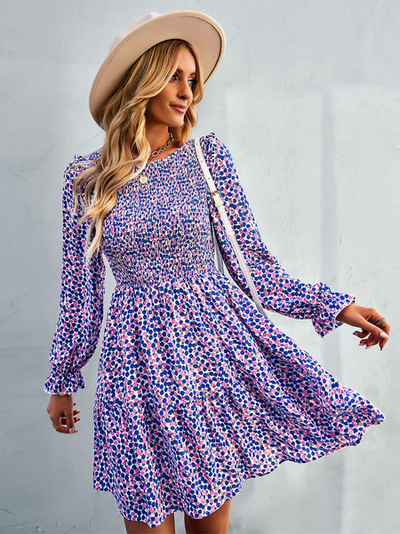 Skater Dresses Jewel Neck Long Sleeves Printed Casual Flared Dress