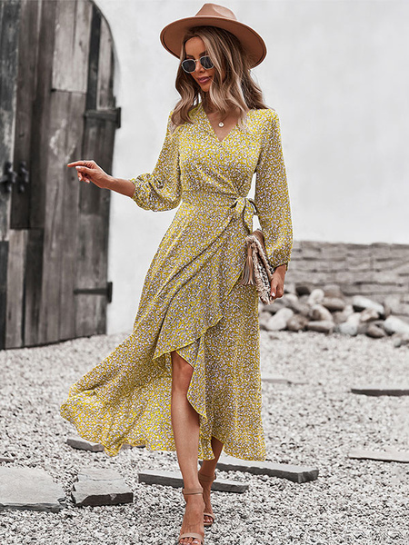 V-Neck Maxi Dress Long Sleeves Polyester Casual Printed Long Dress