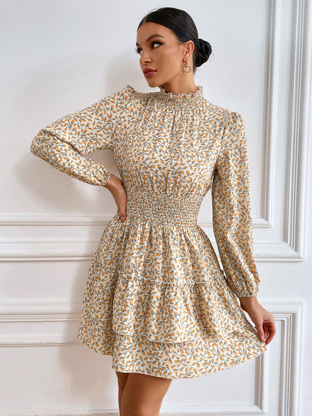 Skater Dresses Printed Polyester High Collar Apricot Casual Long Sleeves Flared Dress