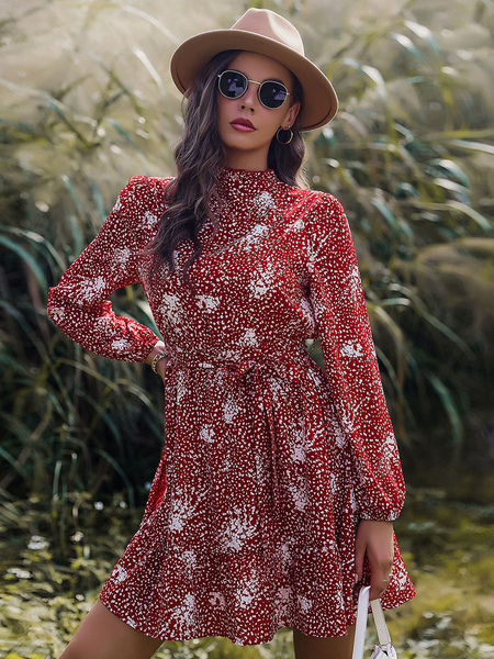 Skater Dresses Printed Polyester Jewel Neck Red Casual Long Sleeves Flared Dress