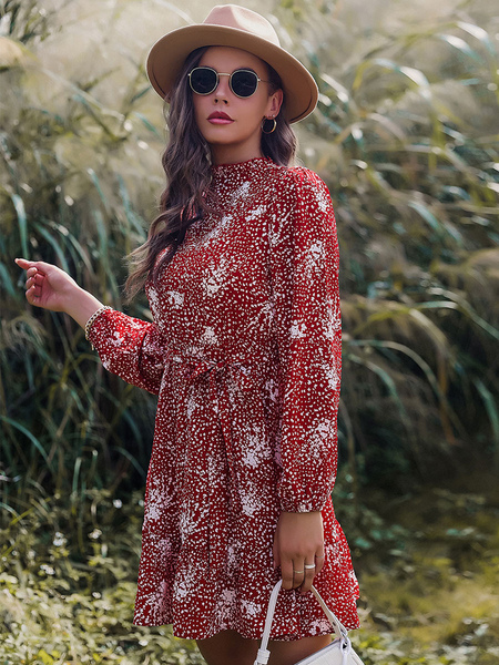 Skater Dresses Printed Polyester Jewel Neck Red Casual Long Sleeves Flared Dress