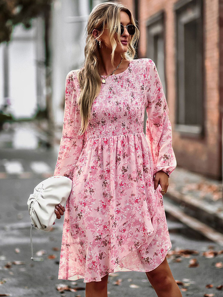 Skater Dresses Printed Polyester Jewel Neck Pink Casual Long Sleeves Flared Dress
