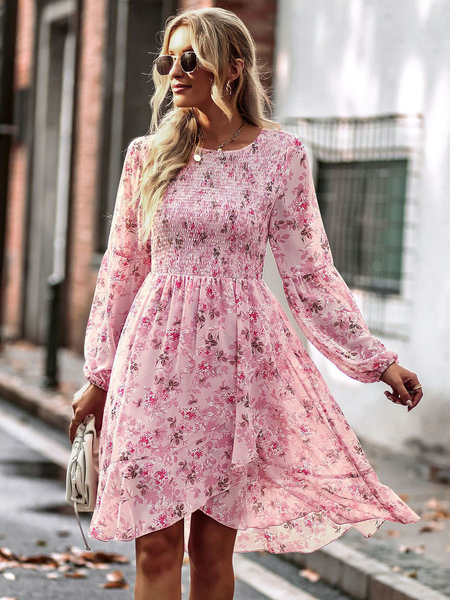 Skater Dresses Printed Polyester Jewel Neck Pink Casual Long Sleeves Flared Dress
