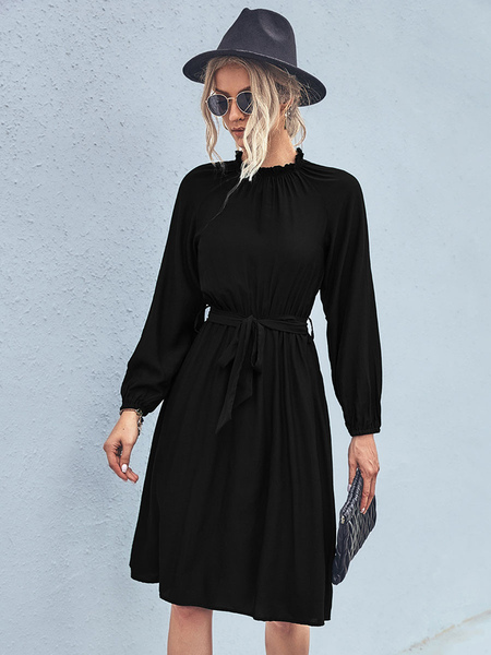 Skater Dresses Polyester Jewel Neck Black Casual Long Sleeves Fit And Flare Dress