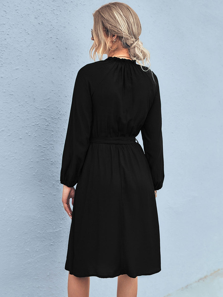 Skater Dresses Polyester Jewel Neck Black Casual Long Sleeves Fit And Flare Dress