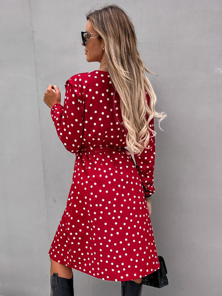 Polka Dot Lace Up Polyester Sexy V-Neck Long Sleeves Midi Dress