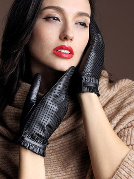 Image of Guanti corti impermeabili in pelle PU invernale da donna con volant per l&#39;autunno inverno
