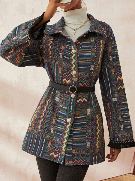 Women Jacket Turndown Collar Printed Polyester Winter Warm Outerwear