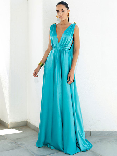Party Dresses Light Sky Blue V-Neck Metal Details Sleeveless Backless Semi Formal Dress