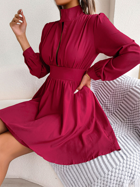 Skater Dresses Polyester High Collar Pleated Black Sexy Long Sleeves Fit And Flare Dress