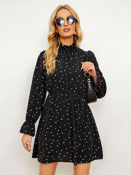 Mini Dresses Black Printed Long Sleeves Polyester Short Dress