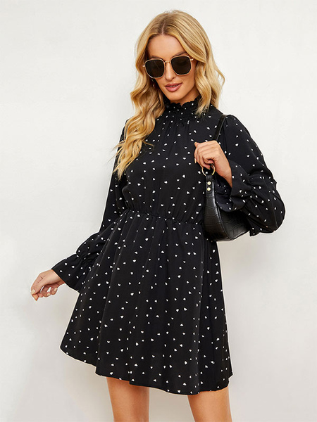 Mini Dresses Black Printed Long Sleeves Polyester Short Dress