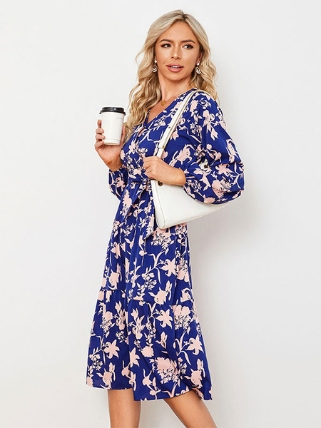 Floral Print Polyester Casual V-Neck Long Sleeves Midi Dress