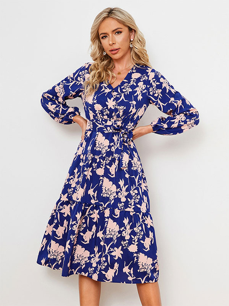 Floral Print Polyester Casual V-Neck Long Sleeves Midi Dress