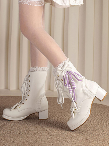 Image of Sweet Lolita Boots PU Leather Bows Ruffles Punta tonda Calzature Lolita bianche