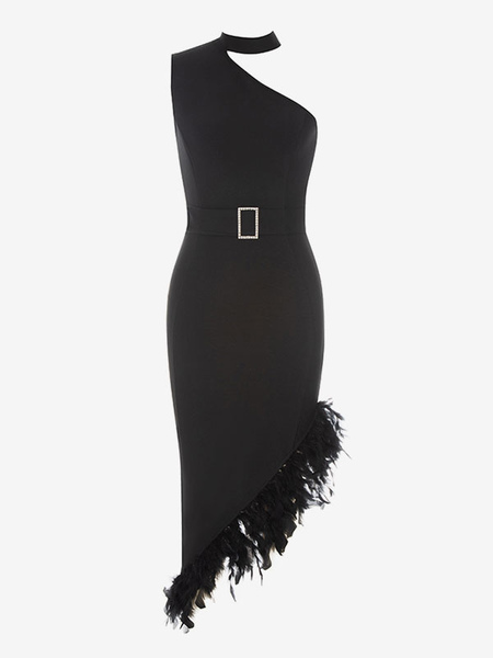 Party Dresses Black One-Shoulder Zipper Sleeveless Irregular Semi Formal Dress