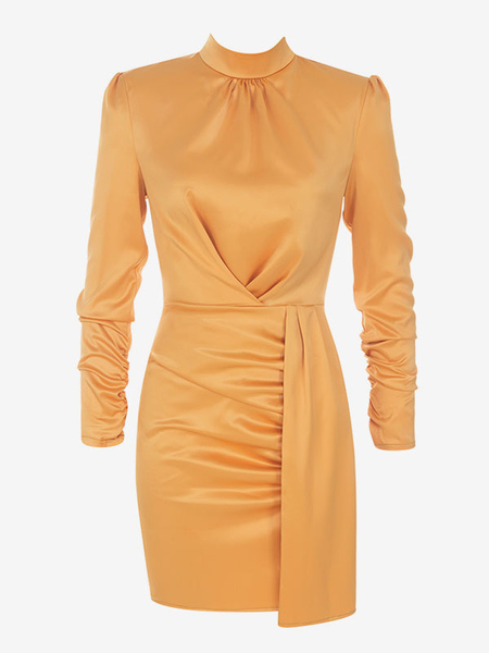 Mini Dresses Gold Long Sleeves Sash Polyester Short Dress