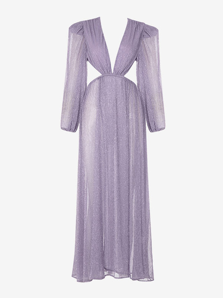 V-Neck Maxi Dress Long Sleeves Polyester Sexy Sheer Pleated Long Dress
