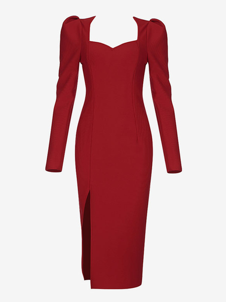Party Dresses Red Square Neck Long Sleeves Semi Formal Dress