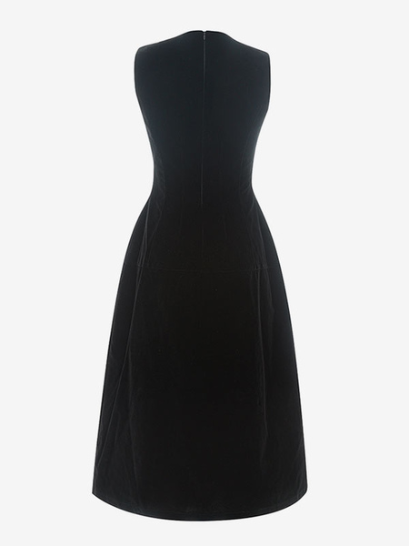 Party Dresses Black V-Neck Zipper Sleeveless Open Shoulder Semi Formal Dress