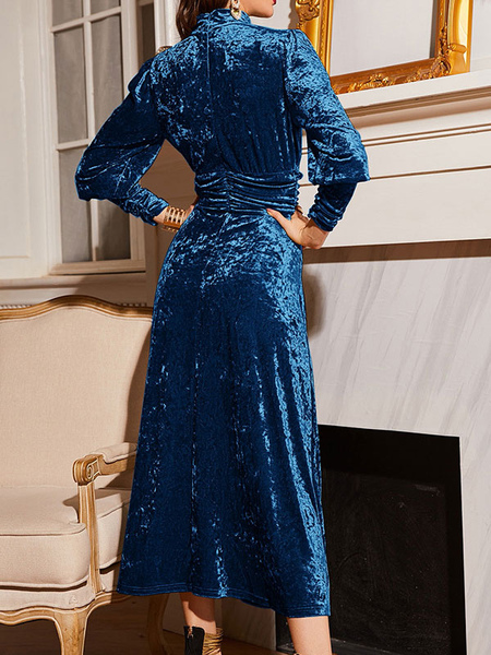 Women’s Clothing Dresses Blue Long Sleeves Velour High Collar Velvet Dress