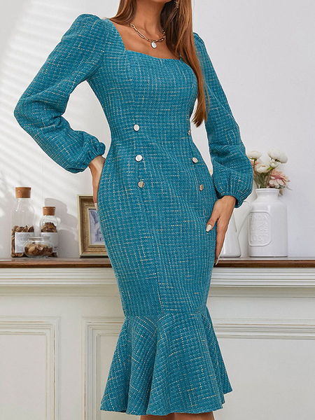 Buttons Polyester Sexy Square Neck Long Sleeves Midi Dress
